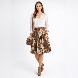 Talbots Pleated A-line Skirt Women's Sz 4 Chocolate Brown Gold Floral Career